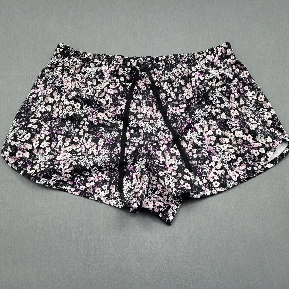 RBX‎ Womens Floral Active Shorts Black Purple White Size Medium Drawstring Liner
